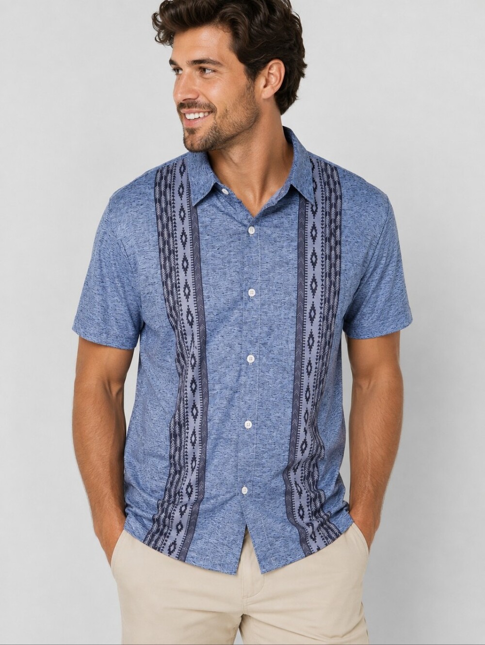 Men's Blue Heathered Southwestern Stripe Button-Up Shirt Size Large Casual Short